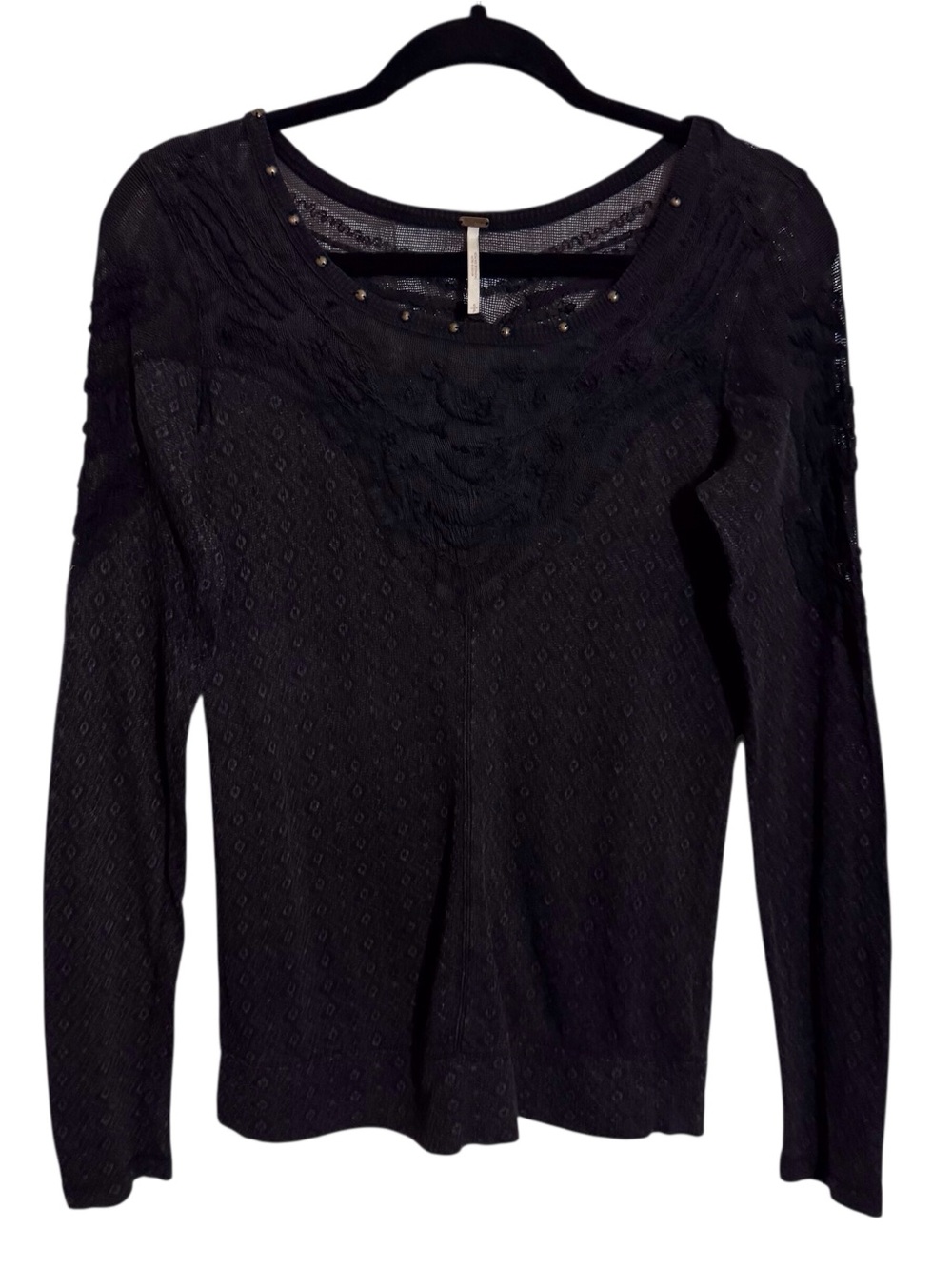 Free People Small Gray Long Sleeve Lace Top Studded Boho Western Embroidered
